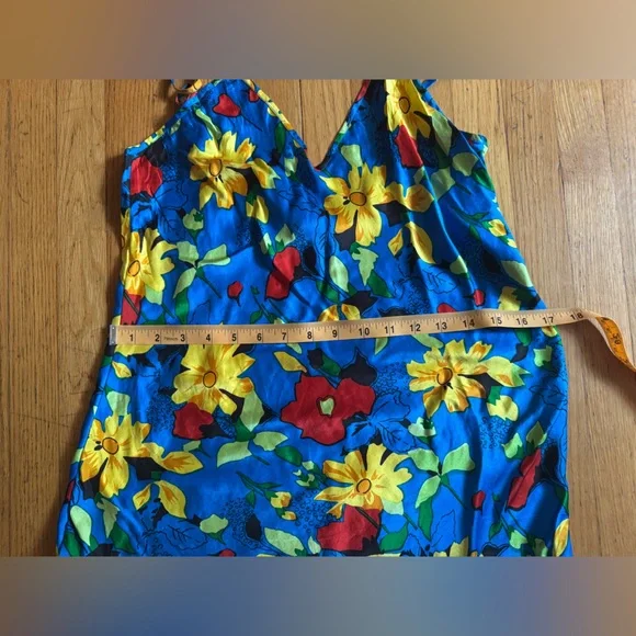 90s Vintage Bright Blue Floral Silk Slip Dress - Picture 6 of 8